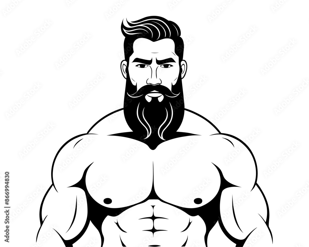 portrait of a bearded muscular bodybuilder. black and white silhouette illustration. strong man fitness icon or logo template. portrait of a bearded muscular bodybuilder. black and white silhouette illustration. strong man fitness icon or logo template.