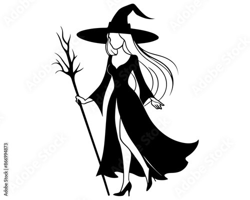 simple witch illustration. woman wearing halloween costume and a witch hat with a magic broom. 
