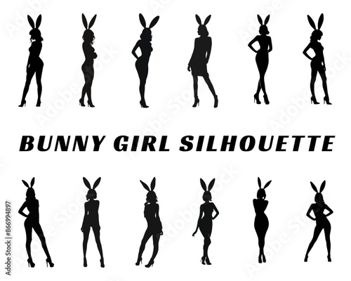 set of silhouettes of sexy girls with bunny ears. female bunny poses illustration.