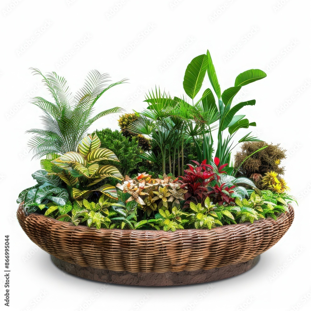 Fototapeta premium Beautiful indoor plant arrangement in a wicker basket showcasing a variety of tropical plants, perfect for home or office decor.