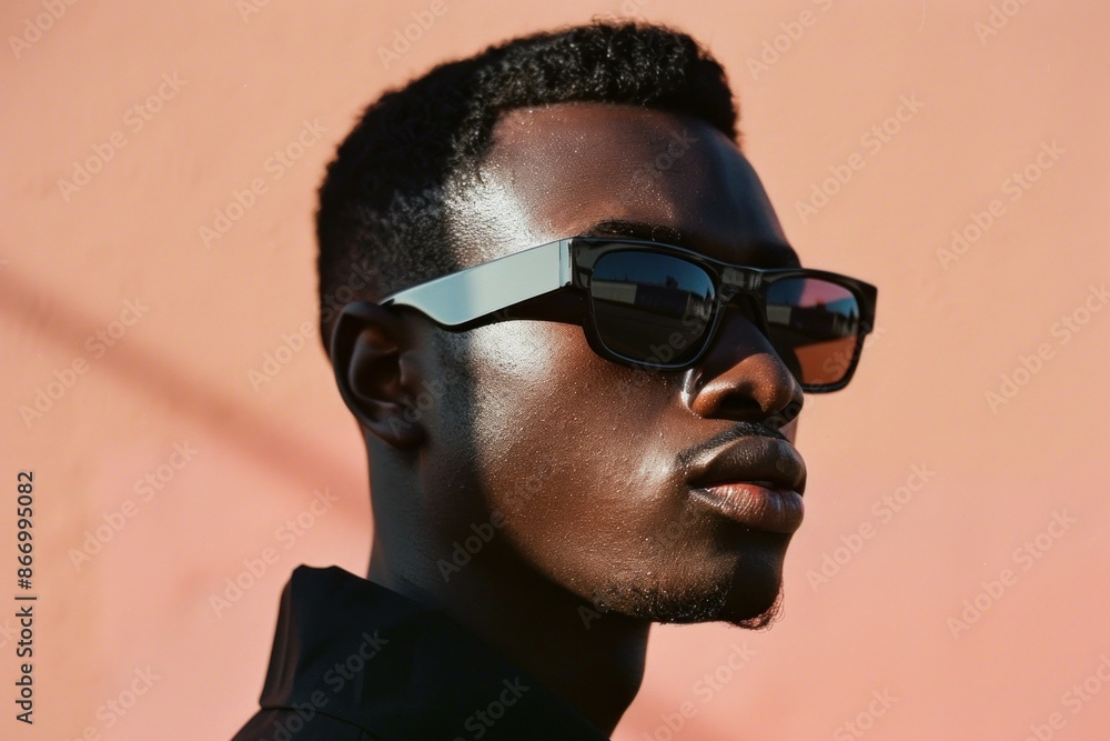 Stylish man wearing sunglasses is posing in front of a red wall Stylish man wearing sunglasses is posing in front of a red wall