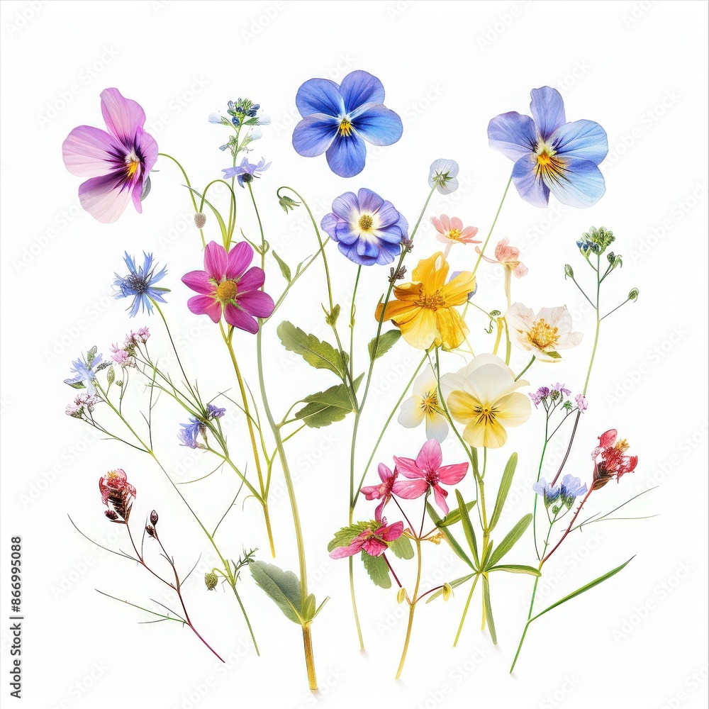 Collection of colorful wildflowers and blossoms isolated on a white background, showcasing the beauty of nature. Collection of colorful wildflowers and blossoms isolated on a white background, showcasing the beauty of nature.