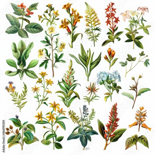 A detailed botanical illustration of various plant species showcasing flowers, leaves, and stems against a white background.