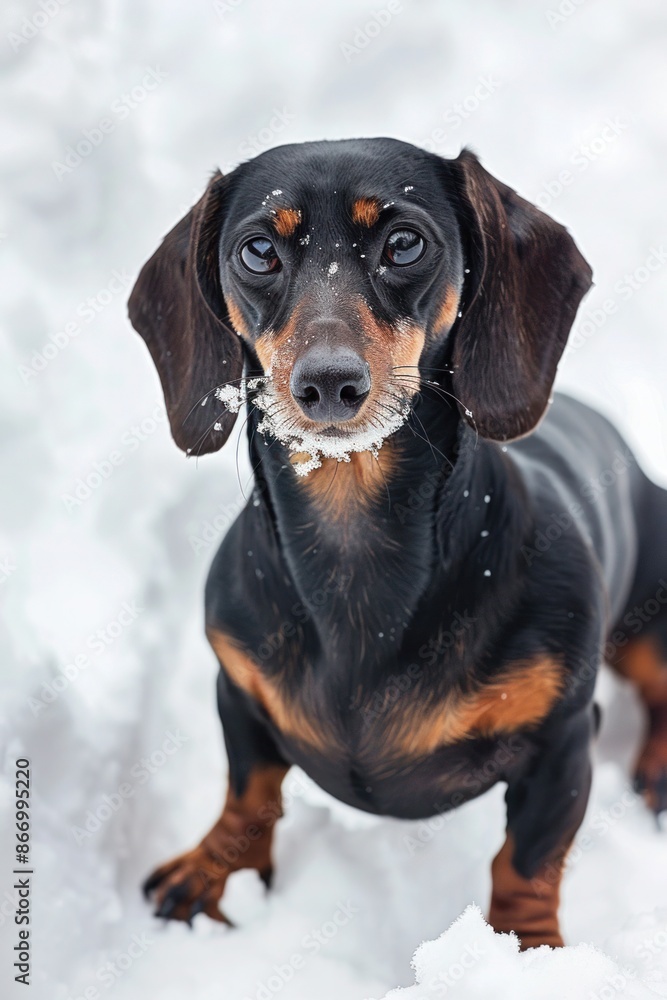 Dachshund dog standing in the snow, looking ahead with curious expression.