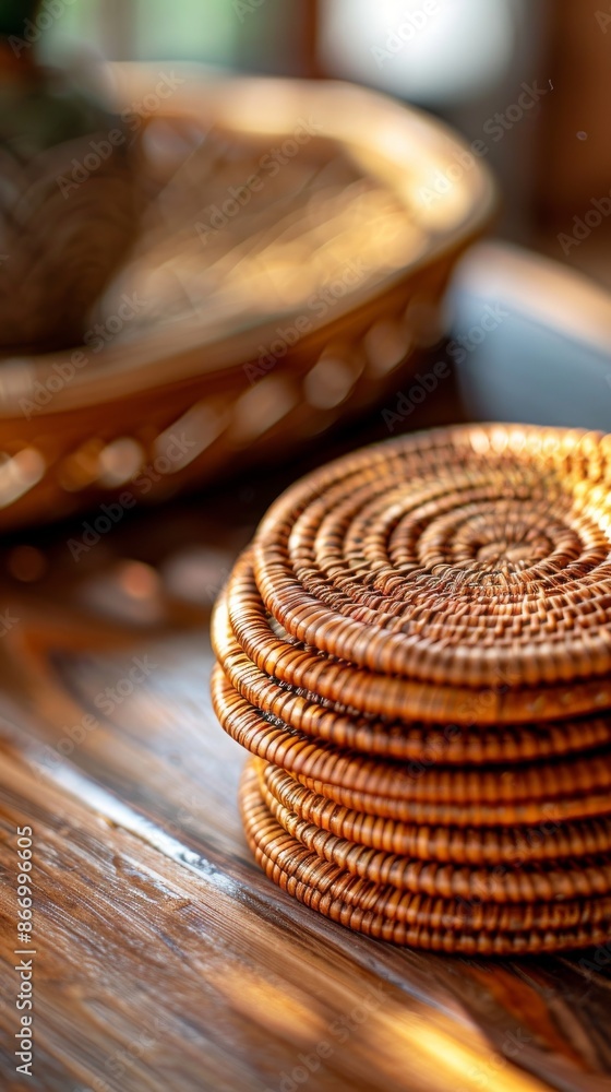 Stack of woven coasters on wooden table, close-up. Rustic home decor and craftsmanship concept Stack of woven coasters on wooden table, close-up. Rustic home decor and craftsmanship concept
