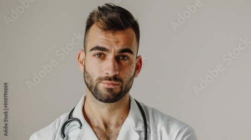 Confident Male Nurse in Stylish Uniform Close-up Shot with Canon 85mm Lens on White Background © Chiradet