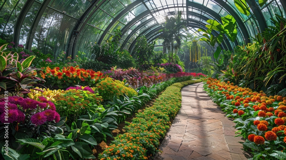 A beautiful view of a lush, vibrant greenhouse with colorful flowers and plants lining a brick pathway under an arching glass roof. A beautiful view of a lush, vibrant greenhouse with colorful flowers and plants lining a brick pathway under an arching glass roof.