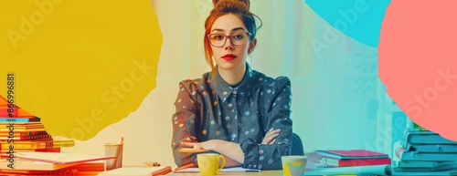 Confident female professional wearing glasses and a stylish blazer, sitting at her desk with books and supplies, ready to tackle any challenge. photo