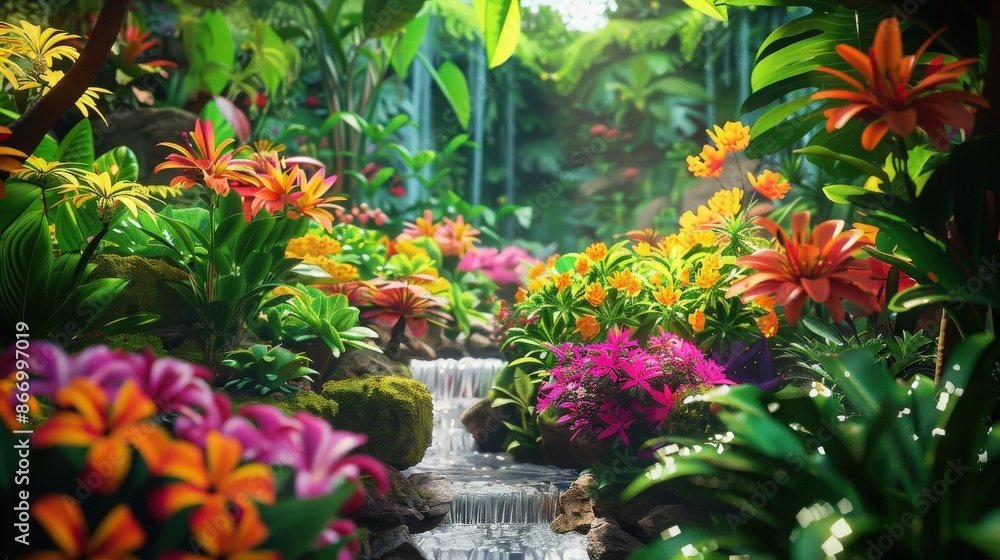 Lush tropical garden with vibrant flowers and a gently flowing stream, creating a serene and picturesque nature scene ideal for relaxation and inspiration. Lush tropical garden with vibrant flowers and a gently flowing stream, creating a serene and picturesque nature scene ideal for relaxation and inspiration.