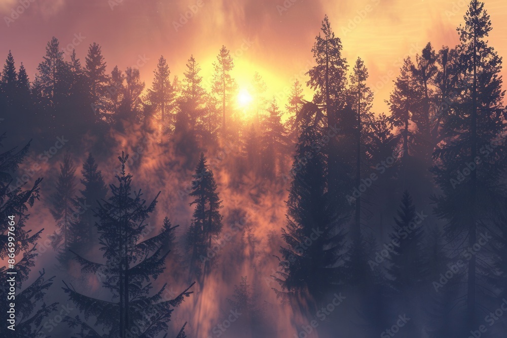 A breathtaking forest landscape at dawn, with tall trees silhouetted against a golden sunrise. A veil of mist adds a mystical touch to the scene. Generative AI A breathtaking forest landscape at dawn, with tall trees silhouetted against a golden sunrise. A veil of mist adds a mystical touch to the scene. Generative AI