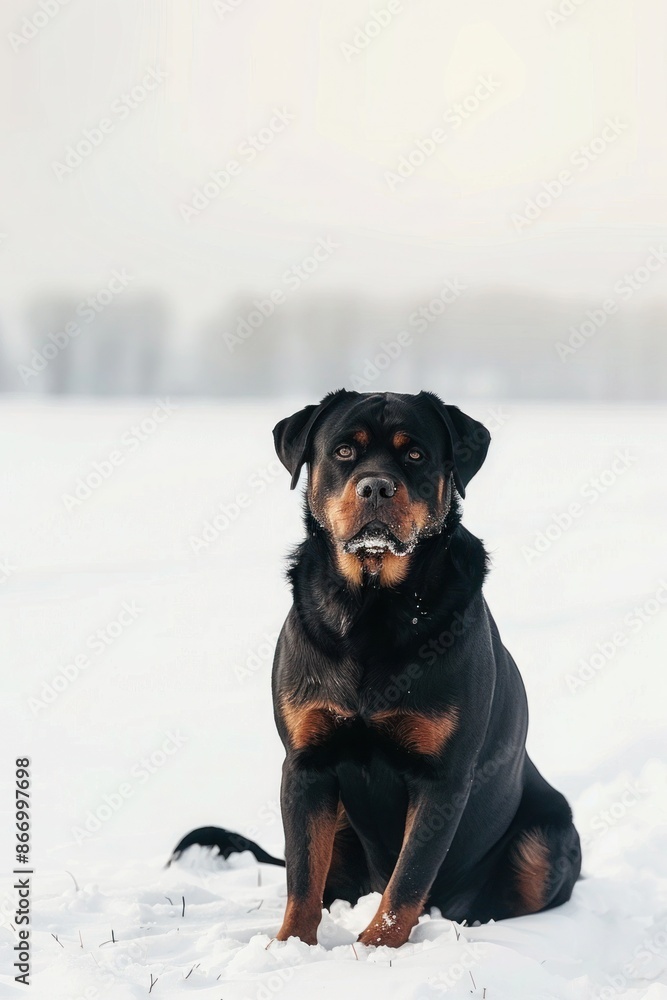 Rottweiler dog standing in the snow, looking ahead with curious expression. Rottweiler dog standing in the snow, looking ahead with curious expression.