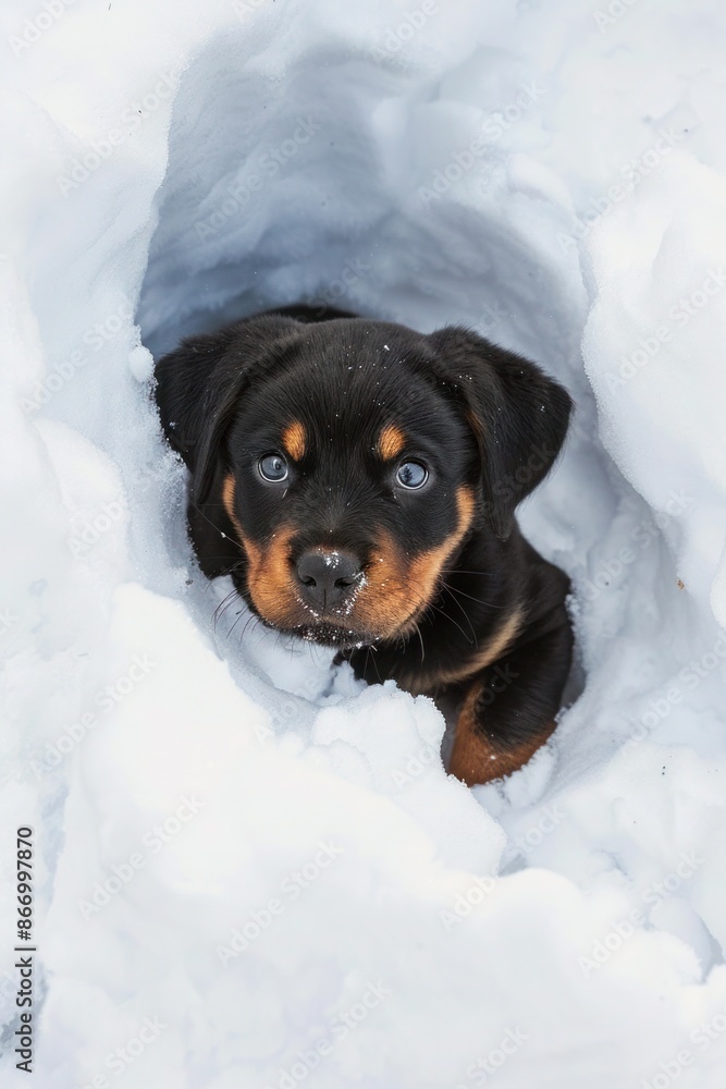 Rottweiler dog standing in the snow, looking ahead with curious expression. Rottweiler dog standing in the snow, looking ahead with curious expression.