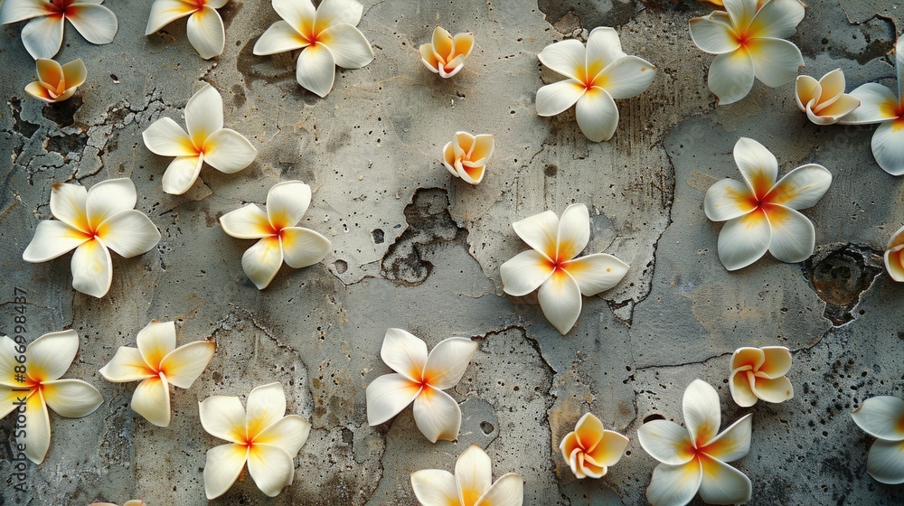 The allure of frangipani blossoms and the charm of concrete patterns The allure of frangipani blossoms and the charm of concrete patterns