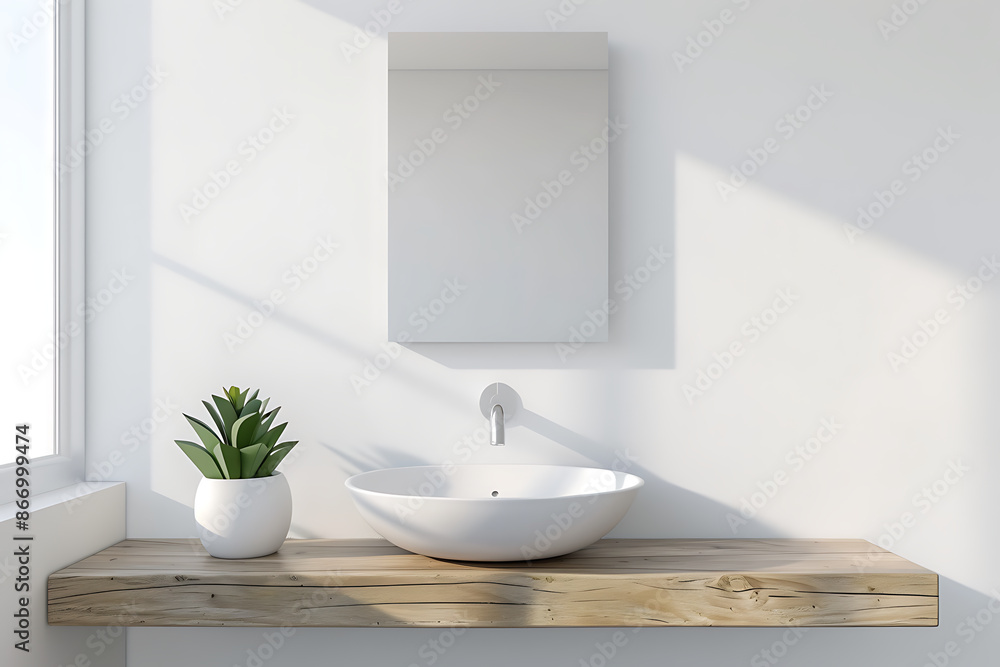Fototapeta premium Bathroom interior with a white bathtub and a vertical poster. 3d rendering