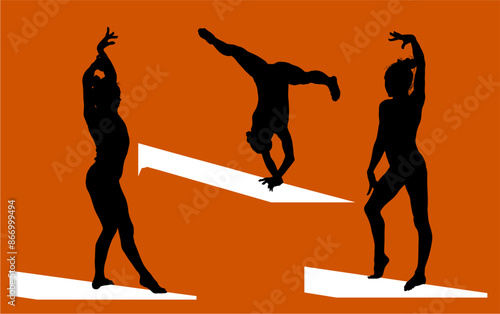gimnasia, deportes, acrobatas, gimnastas, silueta, vectores