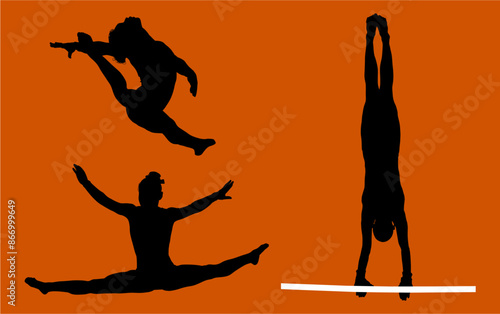 gimnasia, deportes, acrobatas, gimnastas, silueta, vectores