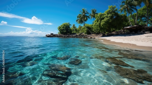 Tropical palm trees on sandy shoreline