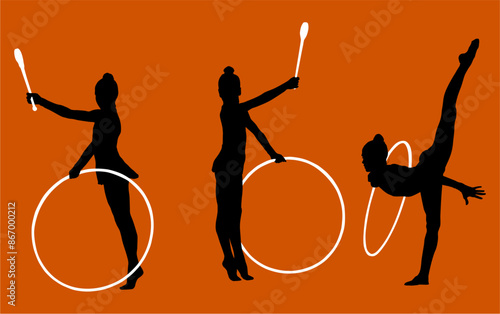 aro, gimnasia, deportes, acrobatas, gimnastas, silueta, vectores, gimnasia ritmica