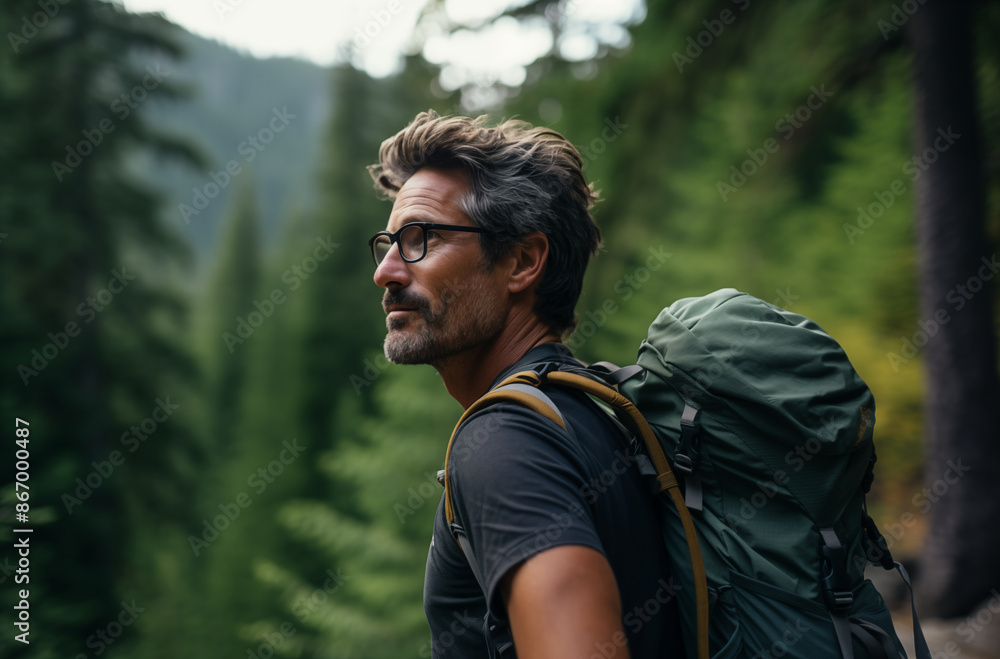 A mature hiker with a backpack and glasses, enjoying the serene forest scenery during a hike A mature hiker with a backpack and glasses, enjoying the serene forest scenery during a hike