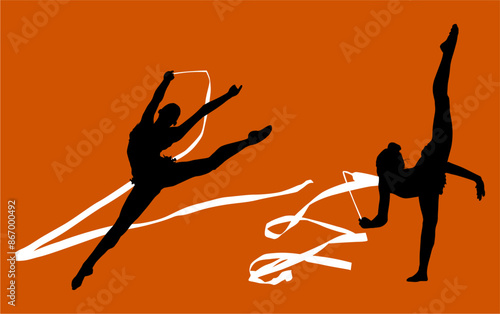 aro, gimnasia, deportes, acrobatas, gimnastas, silueta, vectores, gimnasia ritmica