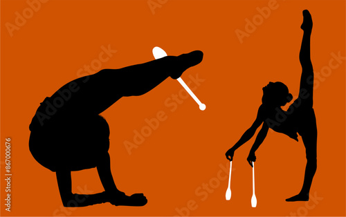 aro, gimnasia, deportes, acrobatas, gimnastas, silueta, vectores, gimnasia ritmica