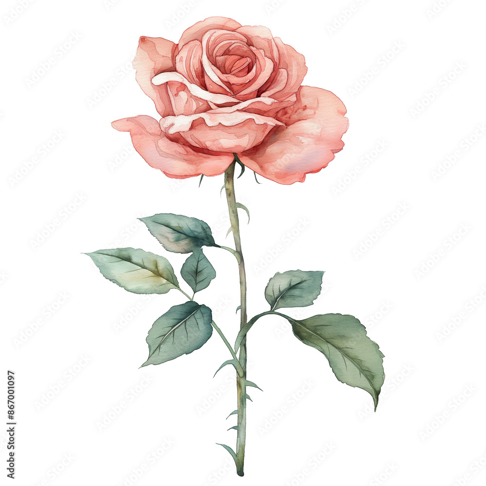 Fototapeta premium Elegant Watercolor Pink Rose with Green Leaves on White Background Delicate Floral Illustration