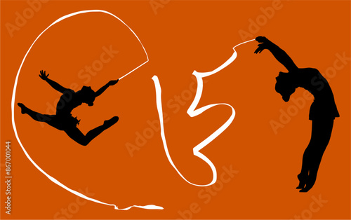 aro, gimnasia, deportes, acrobatas, gimnastas, silueta, vectores, gimnasia ritmica