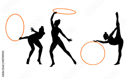 aro, gimnasia, deportes, acrobatas, gimnastas, silueta, vectores, gimnasia ritmica