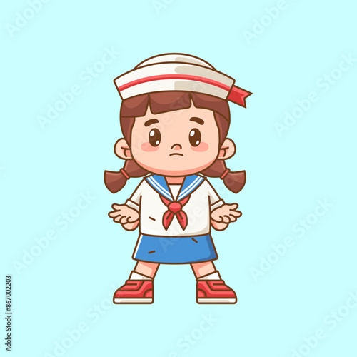 Cute girl wear sailor uniform confused kawaii chibi character mascot illustration outline style design