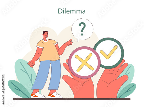 Dilemma concept. A person contemplates choices, illustrated by a yes-no decision symbol.