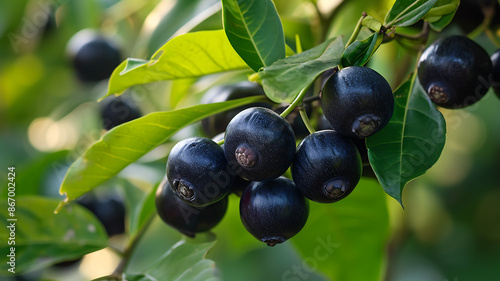 Branch of black elderberry with fruits and leaves on the tree.