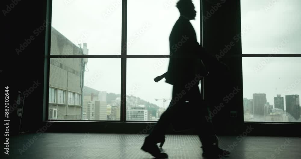 Walking, office and silhouette of woman in window, thinking and agenda in law firm. Female lawyer, colleagues and lobby in building for scheduled meeting, professional and business in workplace