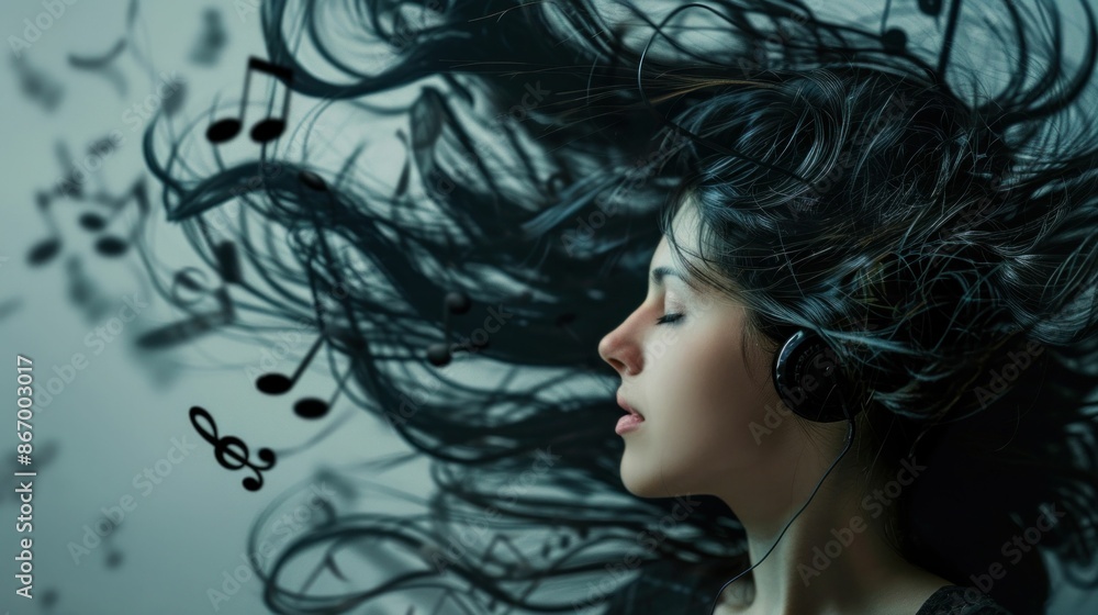 Woman enjoying the music a beautiful moment of bliss with wind blowing through her hair and music notes dancing around her Woman enjoying the music a beautiful moment of bliss with wind blowing through her hair and music notes dancing around her