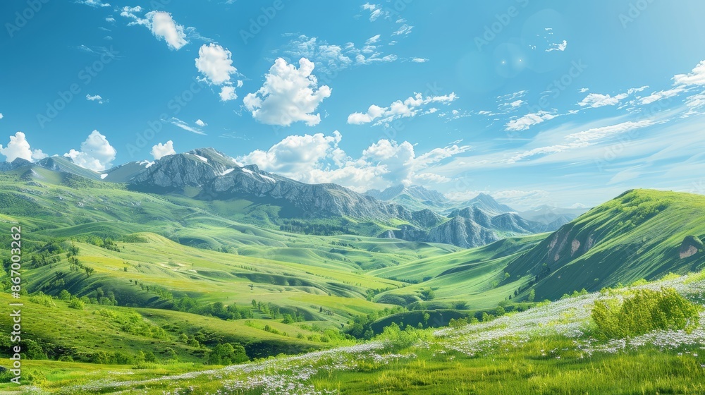 Fototapeta premium A bright and colorful landscape of a mountain range with a clear blue sky and lush green meadows, capturing the beauty of nature in high detail