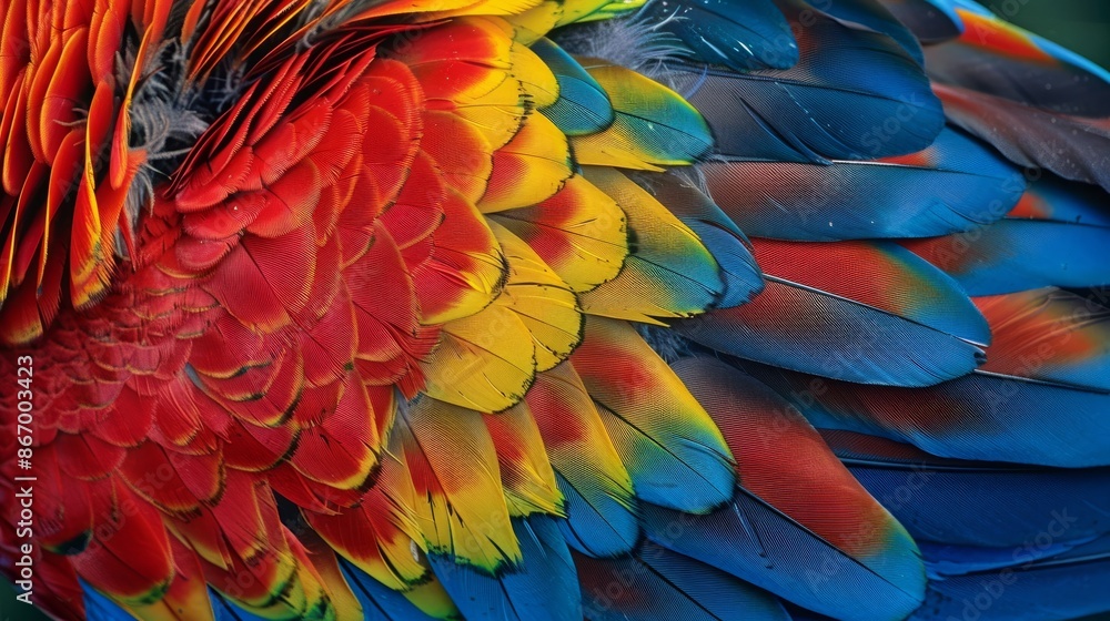 Fototapeta premium A detailed close-up of a colorful parrot with its feathers fanned out, showcasing the bright and vivid hues against a natural backdrop