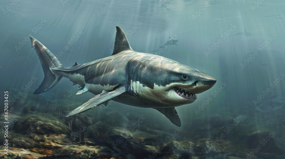 Fototapeta premium A Great White Shark gracefully swims through the depths of the ocean, sunlight filtering through the water, illuminating its powerful form