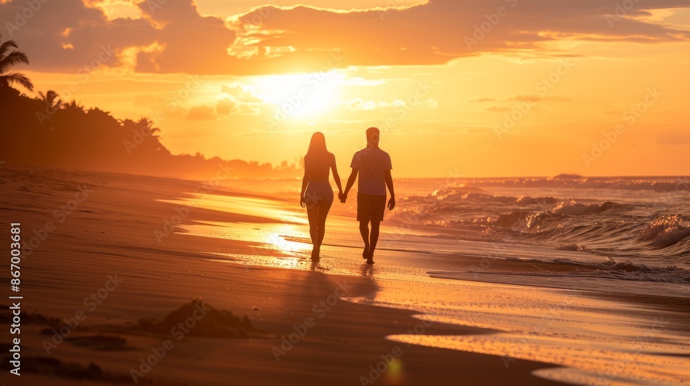 A bright and engaging photo of a couple enjoying a sunset walk on the beach, with warm colors and a peaceful atmosphere A bright and engaging photo of a couple enjoying a sunset walk on the beach, with warm colors and a peaceful atmosphere