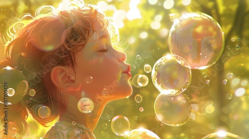 A cheerful portrait of a child blowing bubbles in a sunny park, with the bubbles catching the light and adding a playful element