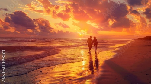 A bright and engaging photo of a couple enjoying a sunset walk on the beach, with warm colors and a peaceful atmosphere © Kopgz-41