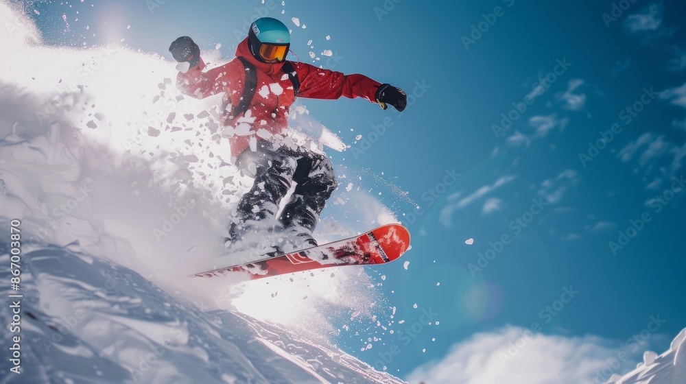 Naklejka premium A high-energy sports shot of a snowboarder performing a trick in mid-air, with bright gear and a snowy backdrop