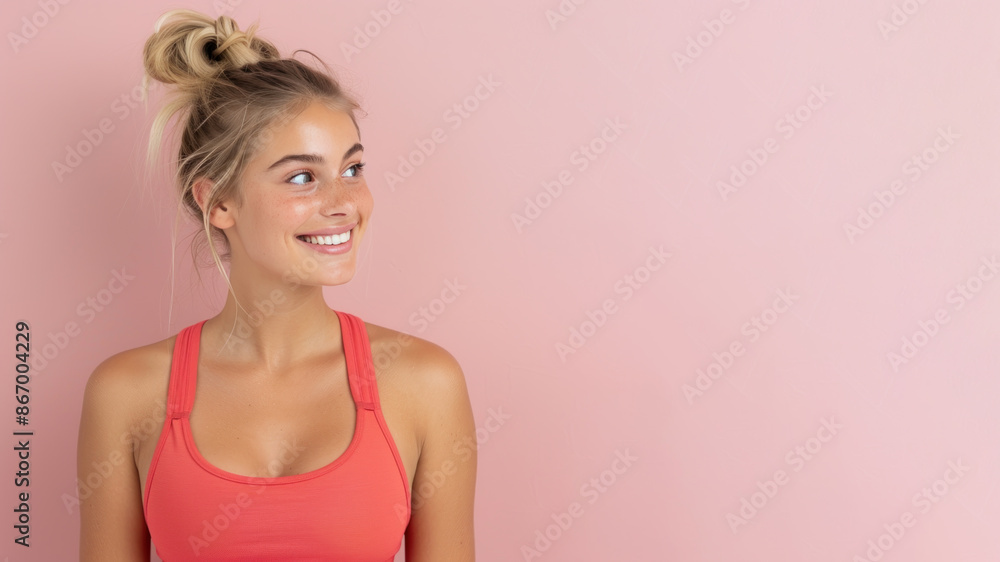 Australian woman smile wearing sportswear isolated on pastel background Australian woman smile wearing sportswear isolated on pastel background