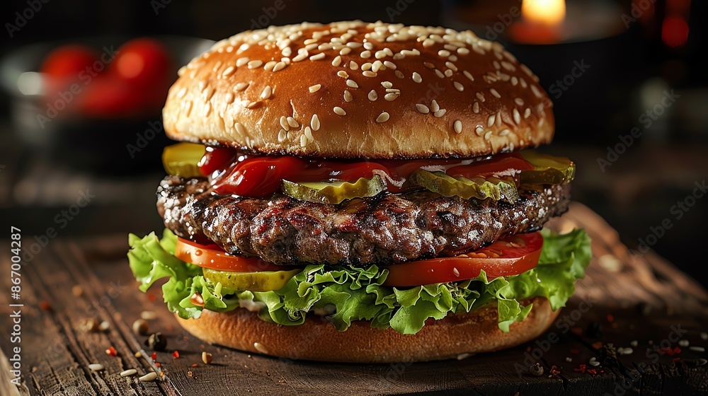 Classic hamburger with a perfectly grilled beef patty, lettuce, tomato, pickles, and ketchup, on a lightly toasted sesame bun Classic hamburger with a perfectly grilled beef patty, lettuce, tomato, pickles, and ketchup, on a lightly toasted sesame bun