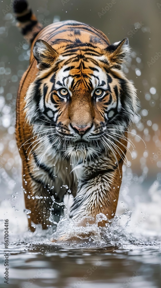 Obraz premium Tiger in mid-stride through splashing water, intense focus on prey. Wildlife photography concept