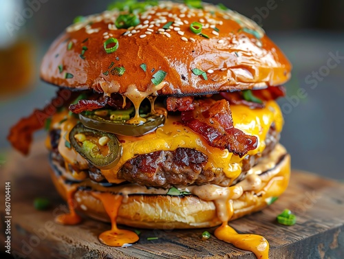 Jalapeno popper burger with cream cheese, jalapenos, cheddar cheese, and crispy bacon, on a jalapeno cheddar bun photo