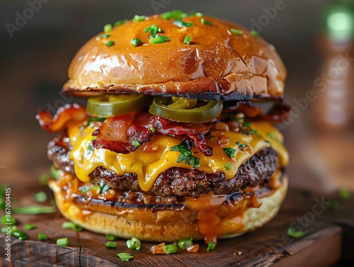 Jalapeno popper burger with cream cheese, jalapenos, cheddar cheese, and crispy bacon, on a jalapeno cheddar bun photo