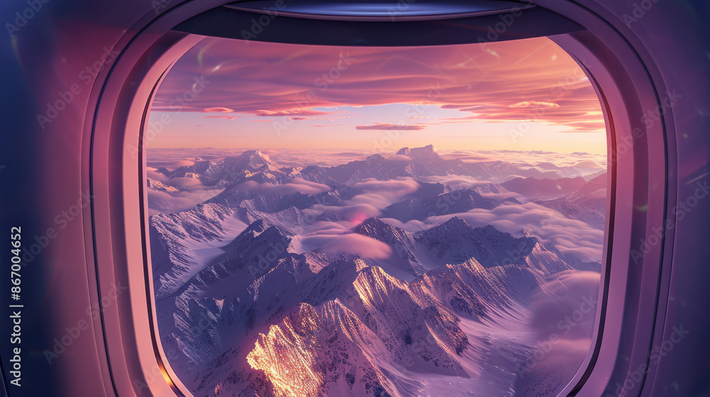 Obraz premium an airplane window, featuring a majestic mountain range with snow-capped peaks at sunrise