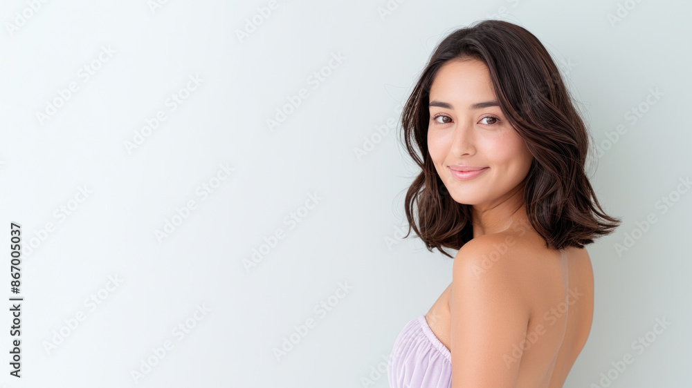 Japanese elegant woman smile in purple sundress isolated on pastel Japanese elegant woman smile in purple sundress isolated on pastel