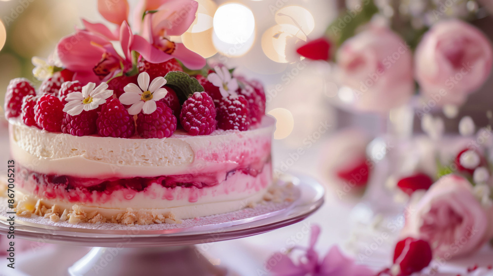 Detailed shot of a layered mousse cake with berries and decorative flowers Detailed shot of a layered mousse cake with berries and decorative flowers