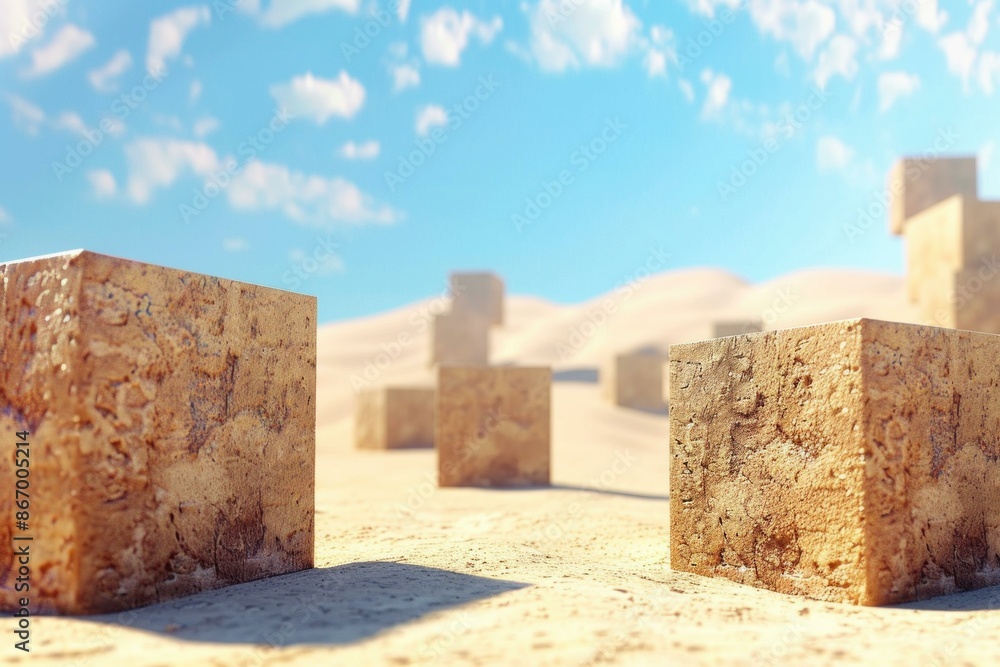 Large stone cubes standing in the desert on a sunny day, 3d illustration Large stone cubes standing in the desert on a sunny day, 3d illustration