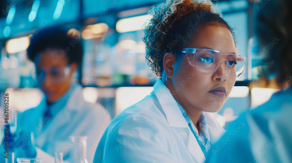 Fototapeta premium African American female scientist concentrating on research in a modern laboratory, wearing protective goggles and lab coat